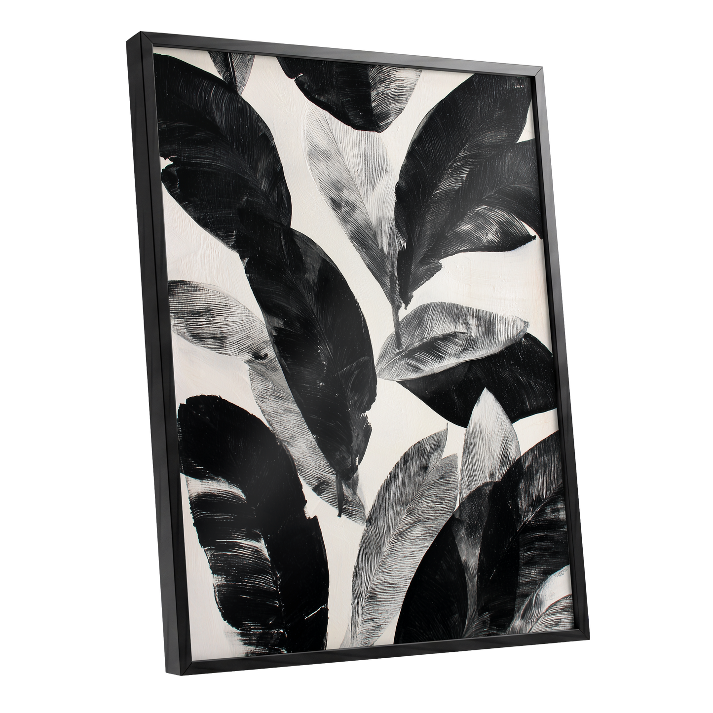 Noir Leaf Study, black, white, gray nature wall art shown as a black framed poster wall art print