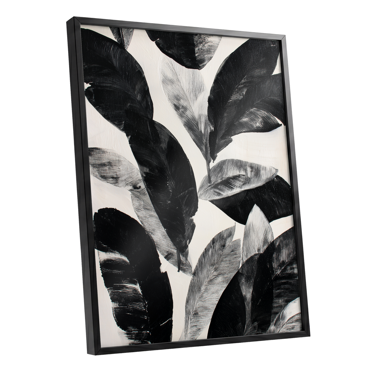 Noir Leaf Study, black, white, gray nature wall art shown as a black framed poster wall art print