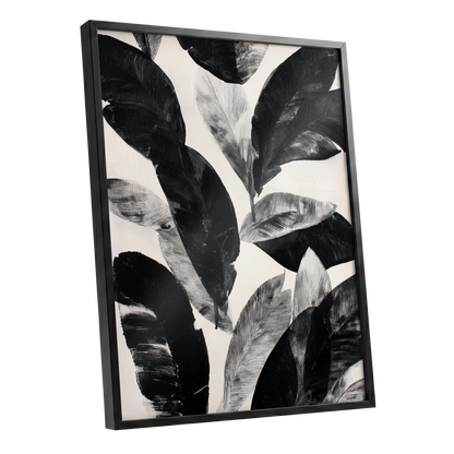 Noir Leaf Study, black, white, gray nature wall art shown as a black framed poster wall art print