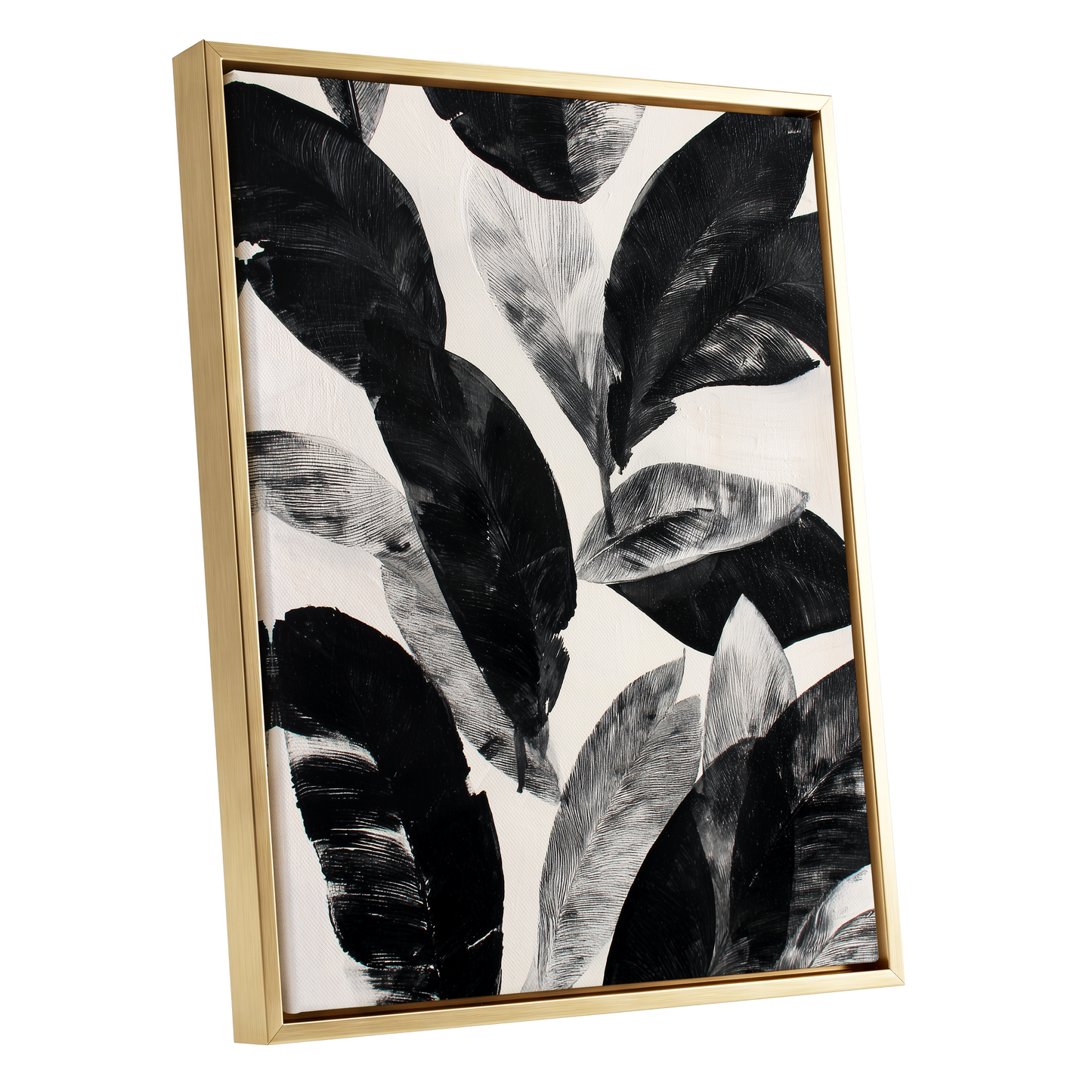Noir Leaf Study, black, white, gray nature wall art shown as a gold framed canvas wall art