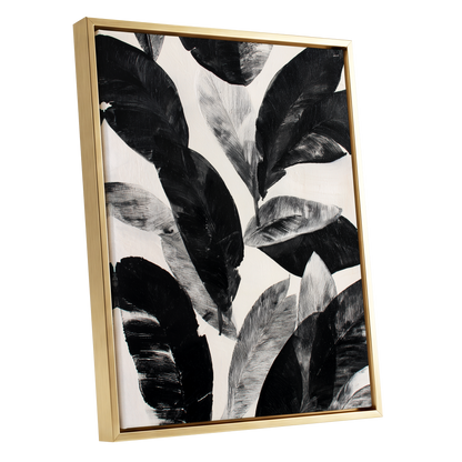 Noir Leaf Study, black, white, gray nature wall art shown as a gold framed canvas wall art