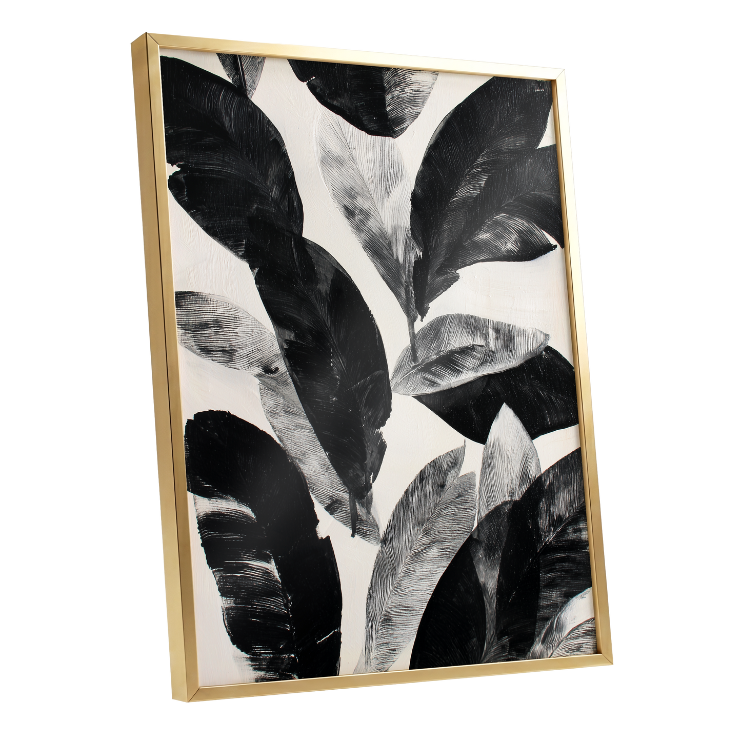 Noir Leaf Study, black, white, gray nature wall art shown as a gold framed poster wall art print