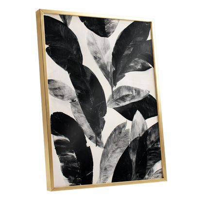 Noir Leaf Study, black, white, gray nature wall art shown as a gold framed poster wall art print