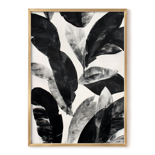 Noir Leaf Study, black, white, gray nature wall art, front artwork view