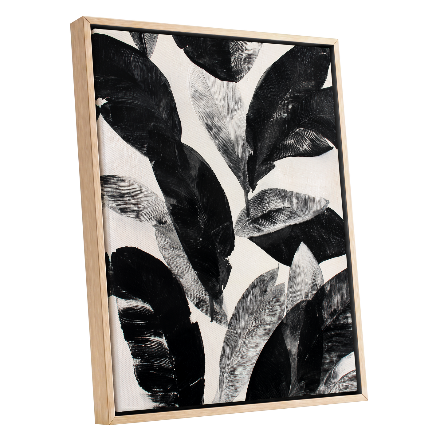 Noir Leaf Study, black, white, gray nature wall art shown as a oak framed canvas wall art