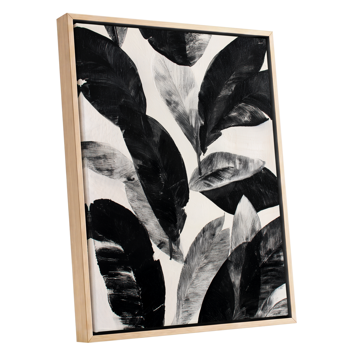 Noir Leaf Study, black, white, gray nature wall art shown as a oak framed canvas wall art