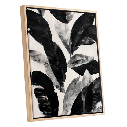 Noir Leaf Study, black, white, gray nature wall art shown as a oak framed canvas wall art