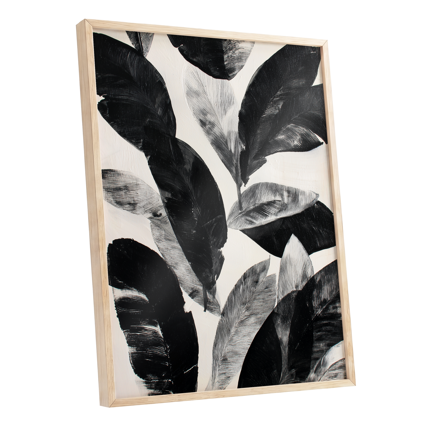 Noir Leaf Study, black, white, gray nature wall art shown as a oak framed poster wall art print