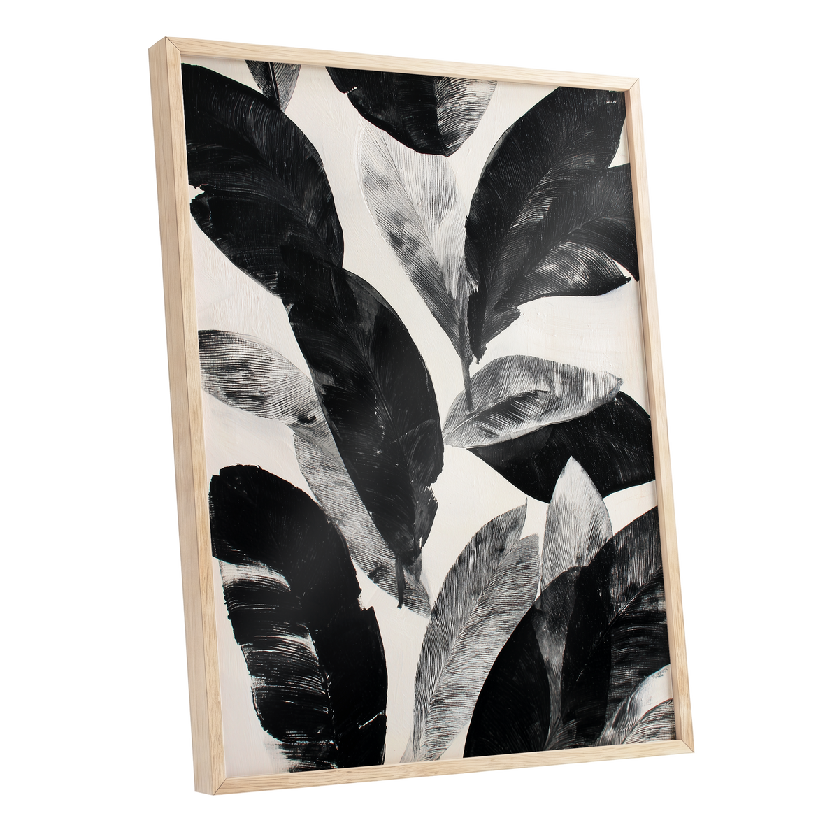Noir Leaf Study, black, white, gray nature wall art shown as a oak framed poster wall art print