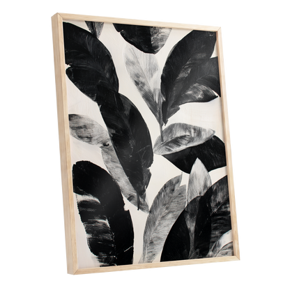 Noir Leaf Study, black, white, gray nature wall art shown as a oak framed poster wall art print