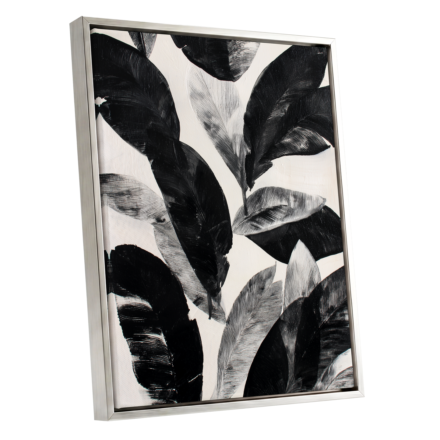 Noir Leaf Study, black, white, gray nature wall art shown as a silver framed canvas wall art