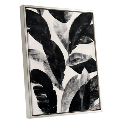 Noir Leaf Study, black, white, gray nature wall art shown as a silver framed canvas wall art