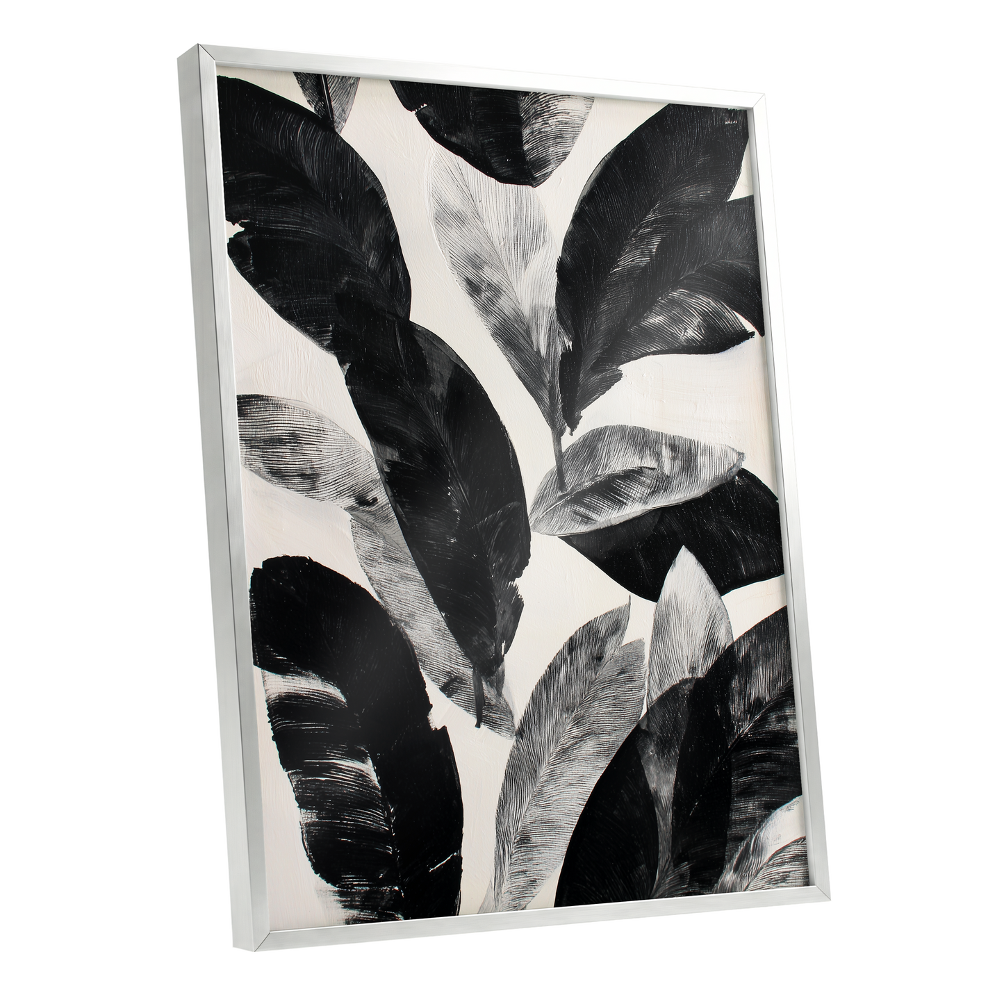 Noir Leaf Study, black, white, gray nature wall art shown as a silver framed poster wall art print