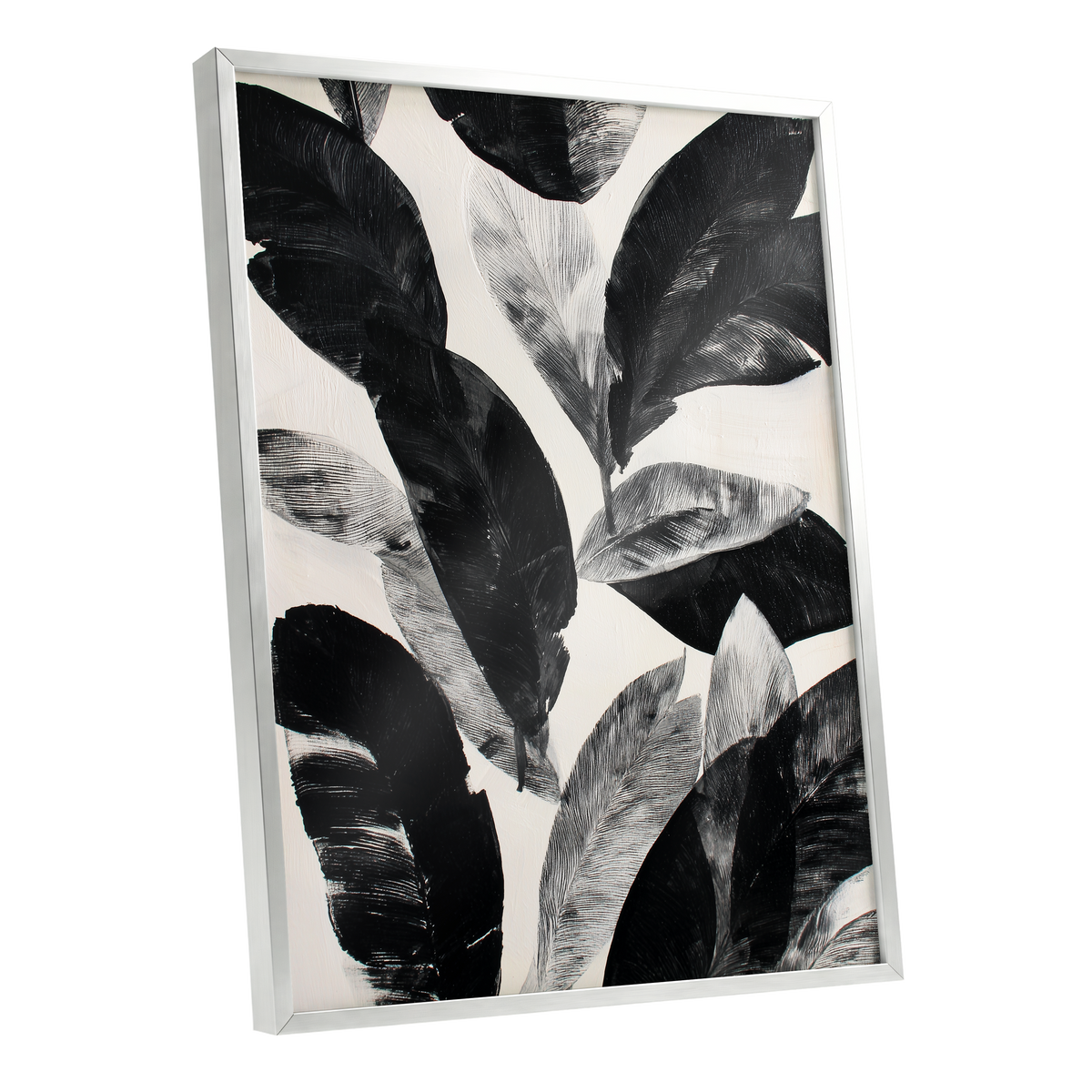 Noir Leaf Study, black, white, gray nature wall art shown as a silver framed poster wall art print