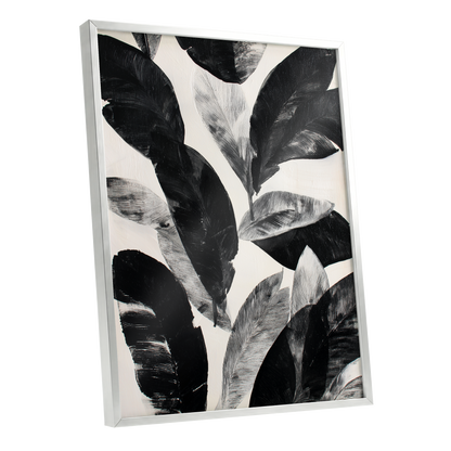 Noir Leaf Study, black, white, gray nature wall art shown as a silver framed poster wall art print