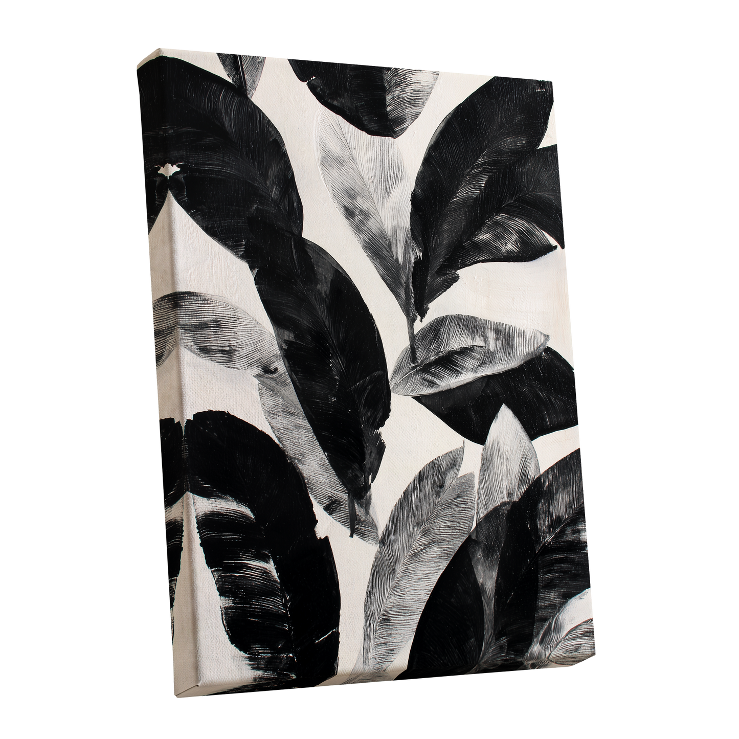 Noir Leaf Study, black, white, gray nature wall art shown as a stretched canvas wall art