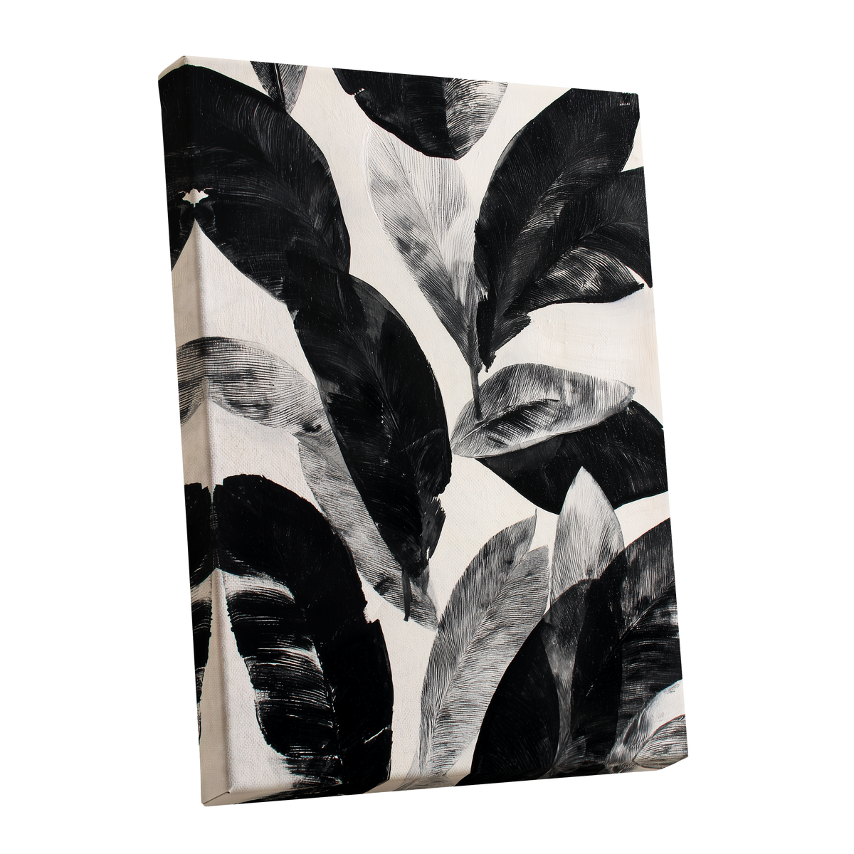 Noir Leaf Study, black, white, gray nature wall art shown as a stretched canvas wall art