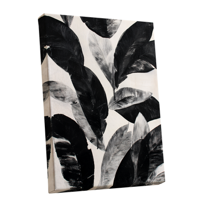 Noir Leaf Study, black, white, gray nature wall art shown as a stretched canvas wall art