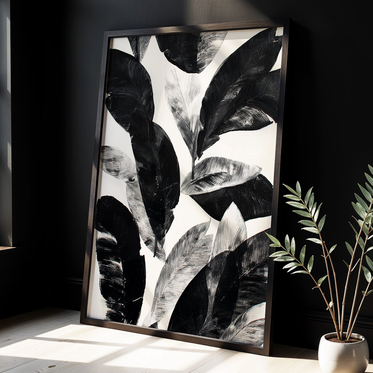 Noir Leaf Study, black, white, gray nature wall art displayed in a styled interior, gallery view 2