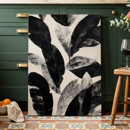 Noir Leaf Study, black, white, gray nature wall art displayed in a styled interior, gallery view 3