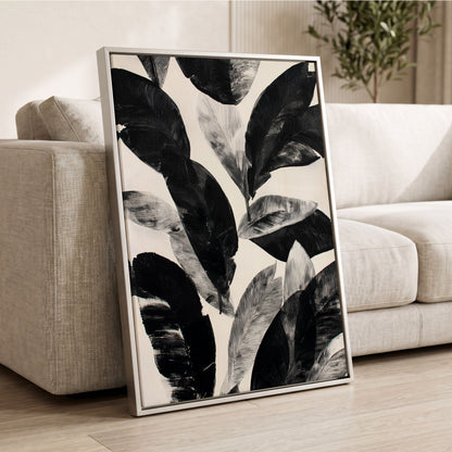 Noir Leaf Study, black, white, gray nature wall art displayed in a styled interior, gallery view 4