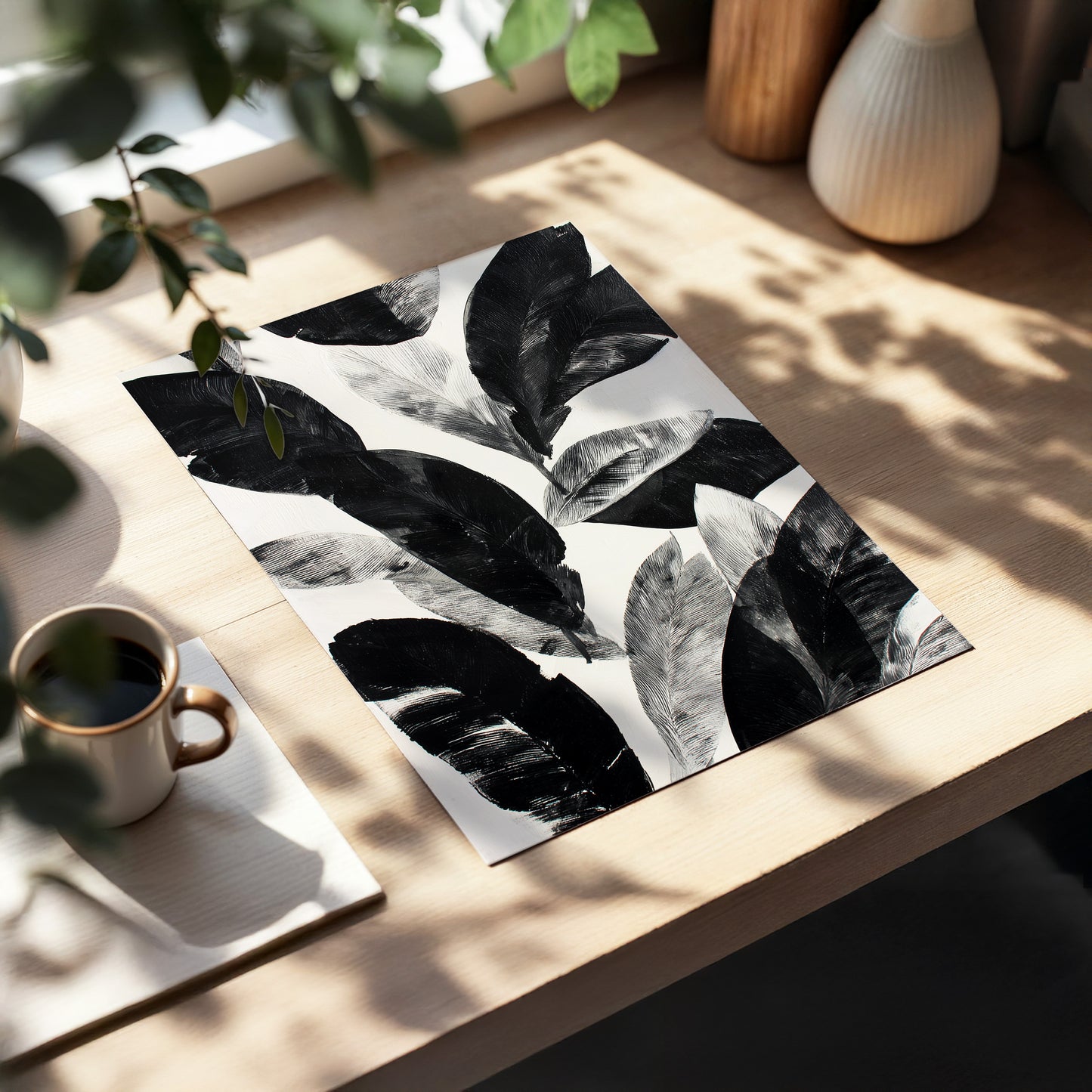 Noir Leaf Study, black, white, gray nature wall art displayed in a styled interior, gallery view 5