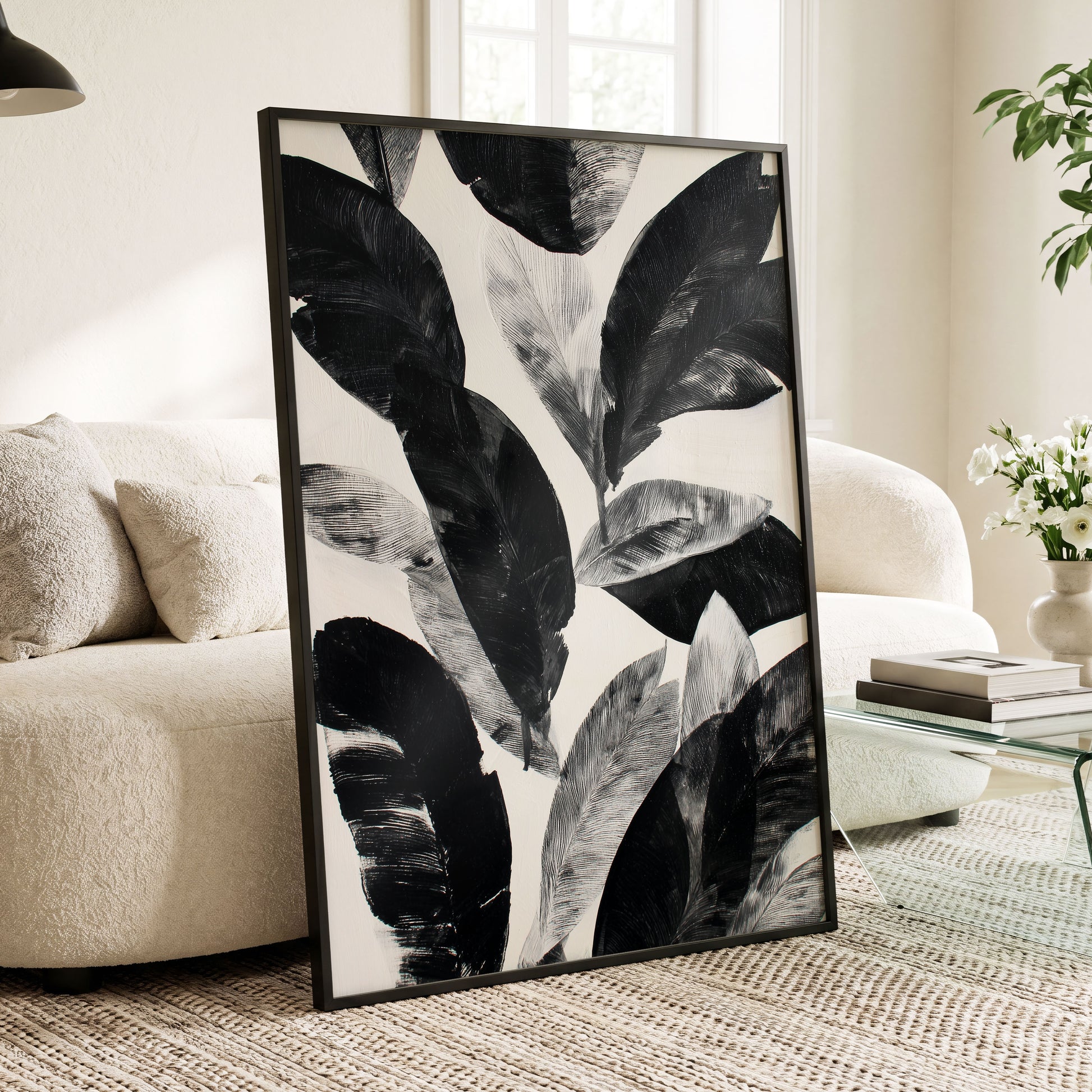 Noir Leaf Study, black, white, gray nature wall art displayed in a styled interior, gallery view 6