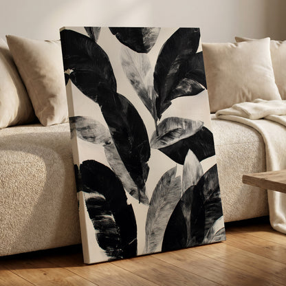 Noir Leaf Study, black, white, gray nature wall art displayed in a styled interior, gallery view 7