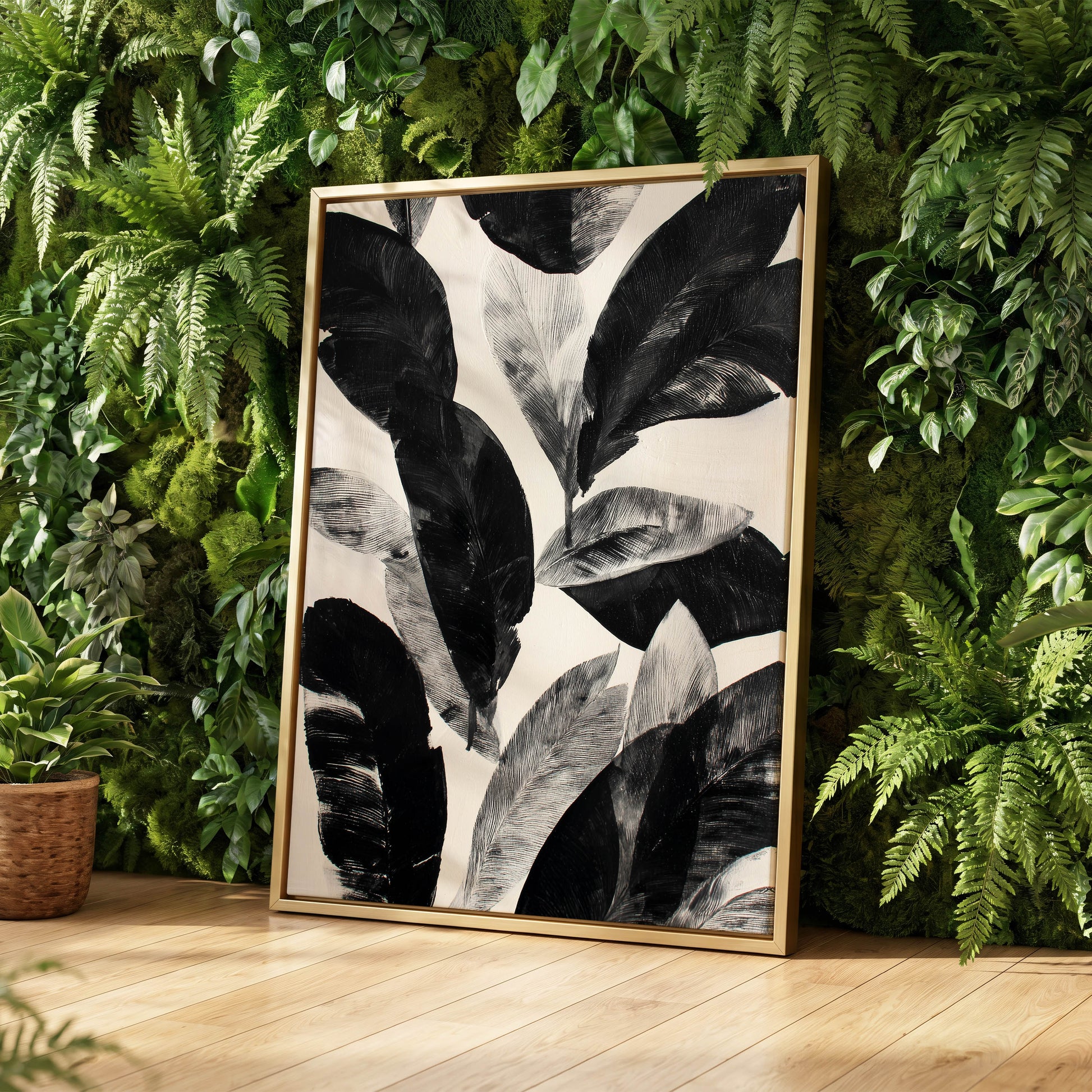 Noir Leaf Study, black, white, gray nature wall art displayed in a styled interior, gallery view 8