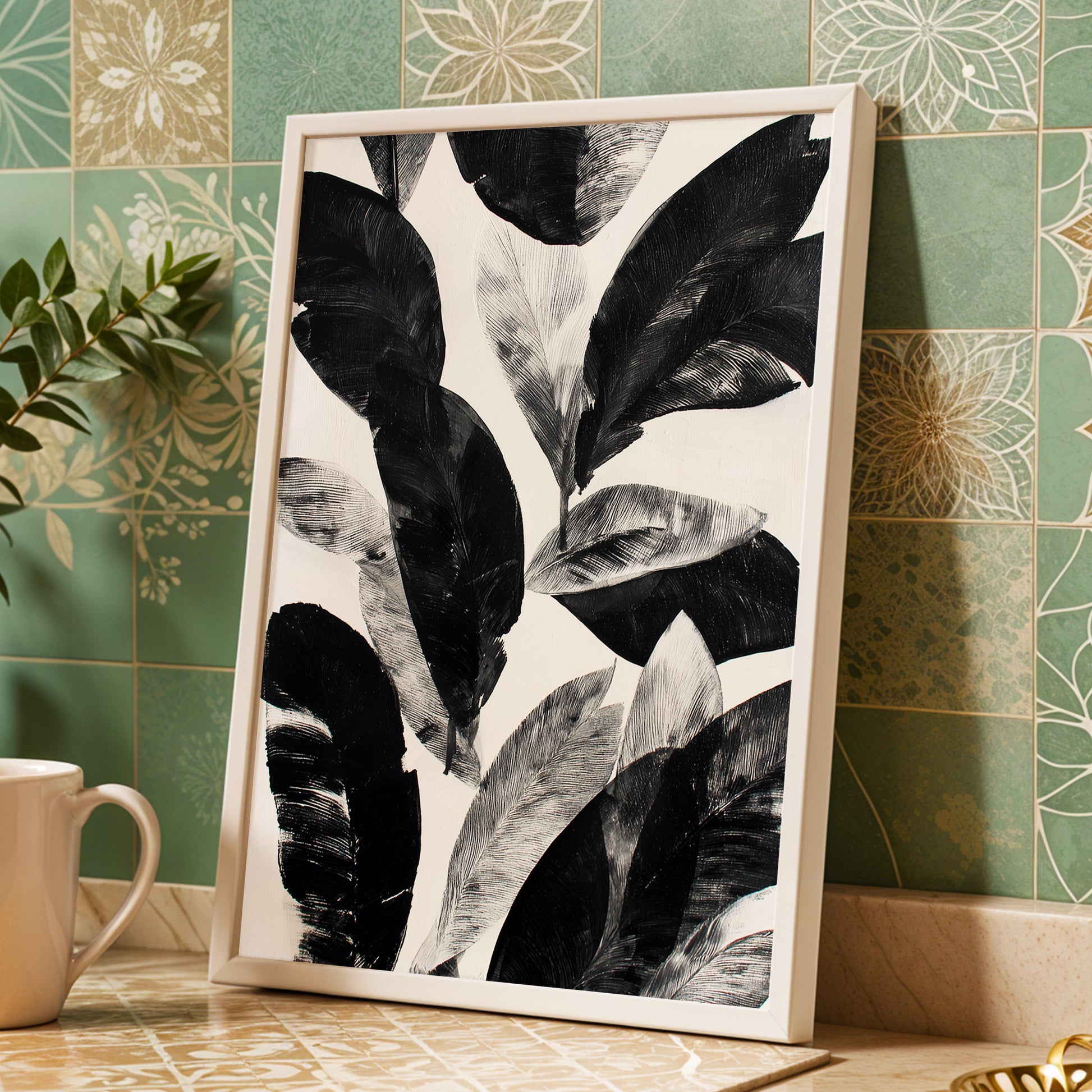 Noir Leaf Study, black, white, gray nature wall art displayed in a styled interior, gallery view 9