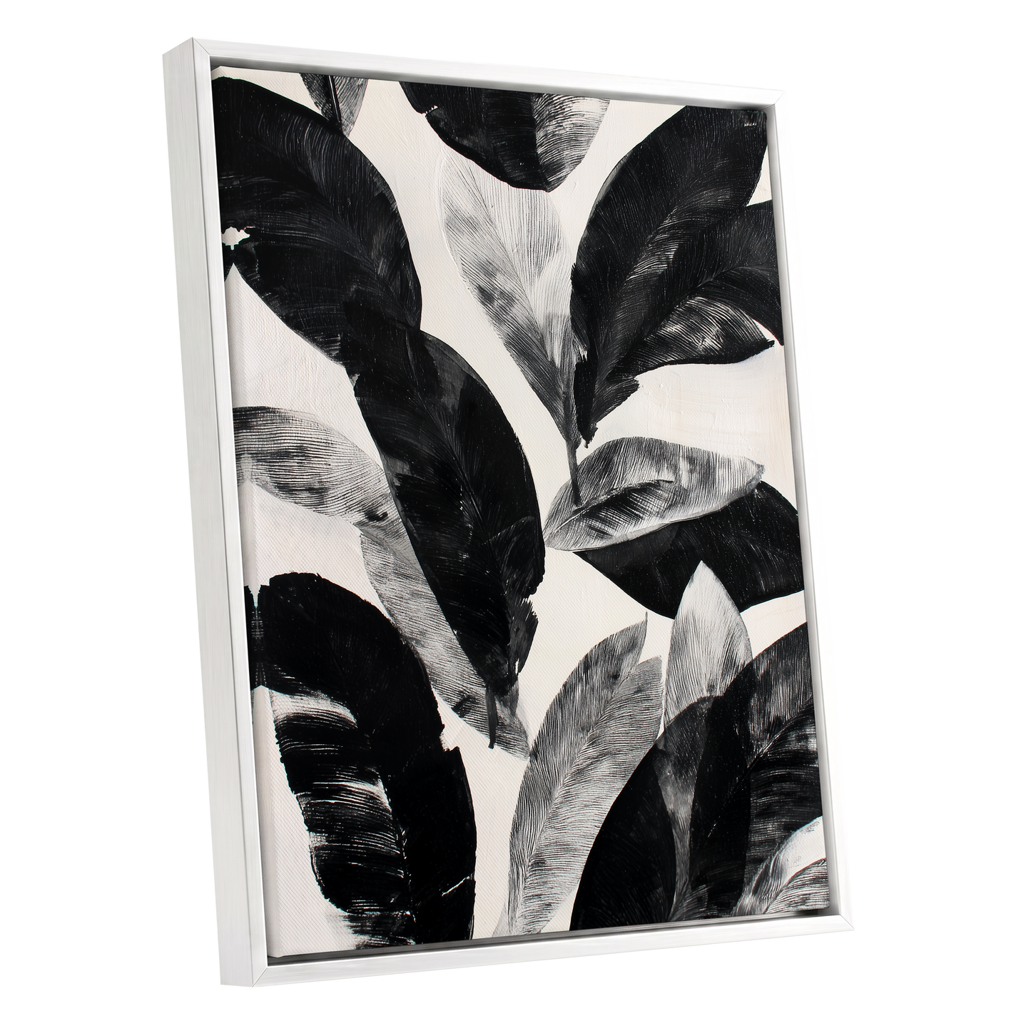 Noir Leaf Study, black, white, gray nature wall art shown as a white framed canvas wall art