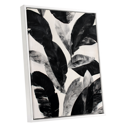 Noir Leaf Study, black, white, gray nature wall art shown as a white framed canvas wall art