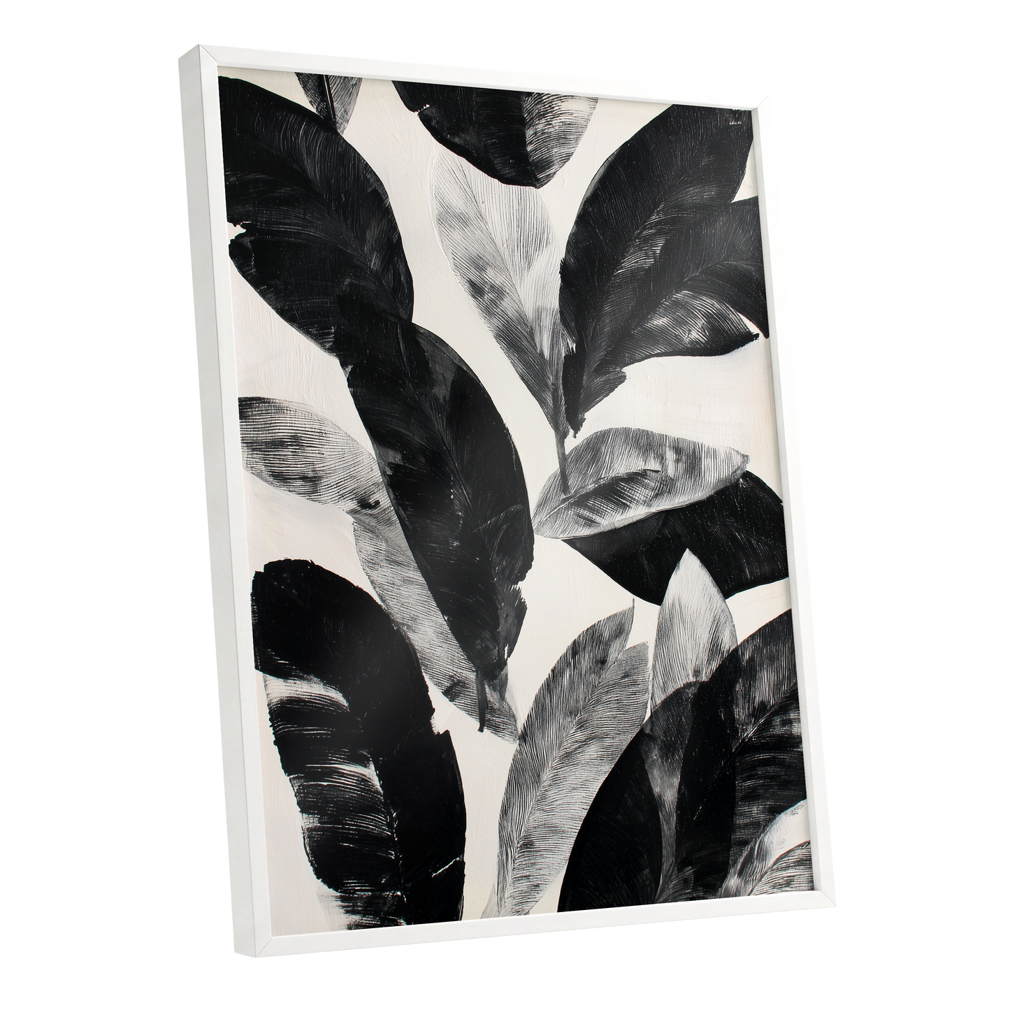 Noir Leaf Study, black, white, gray nature wall art shown as a white framed poster wall art print