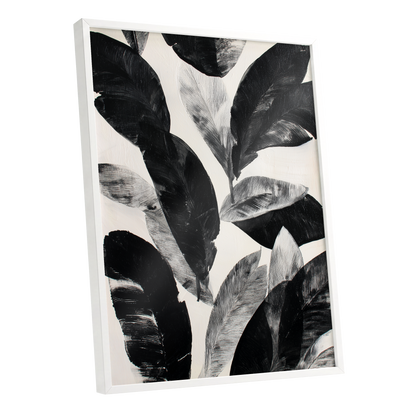 Noir Leaf Study, black, white, gray nature wall art shown as a white framed poster wall art print