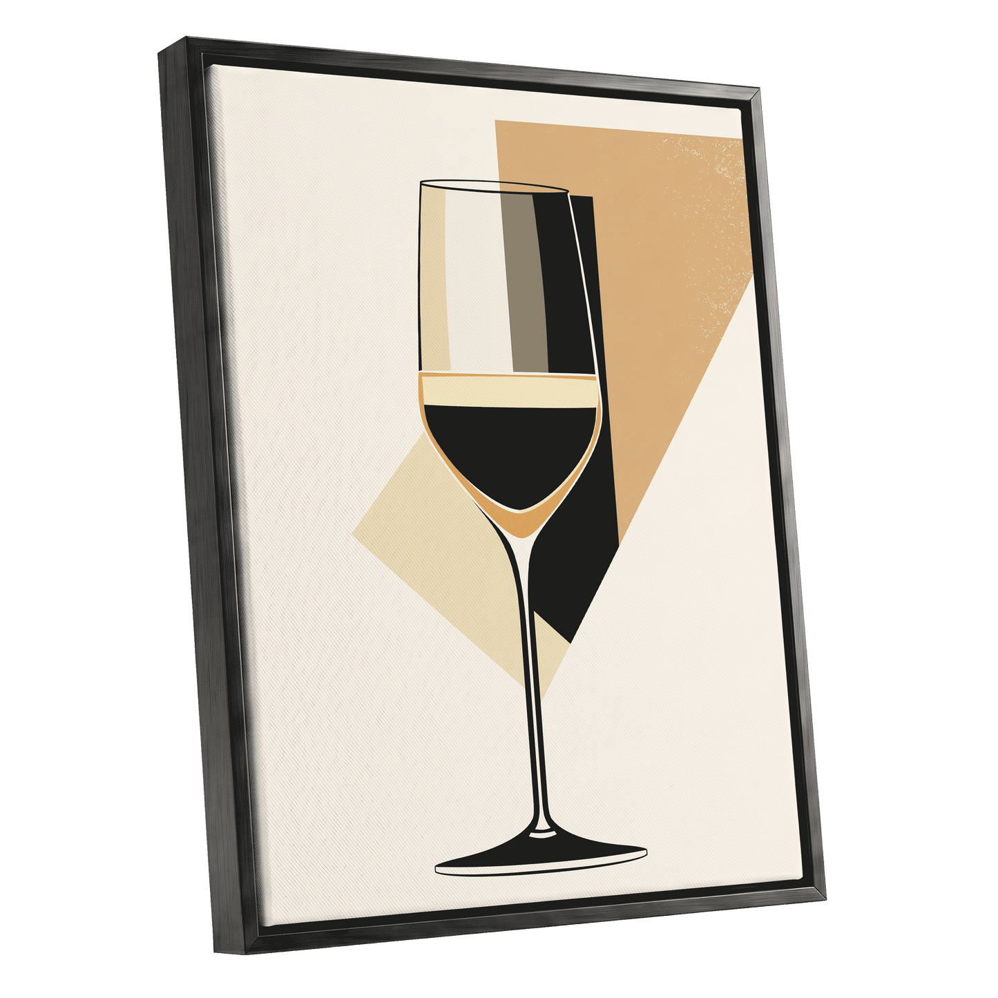 Noir Wine Geometry, black, beige, gold minimalist wall art shown as a black framed canvas wall art