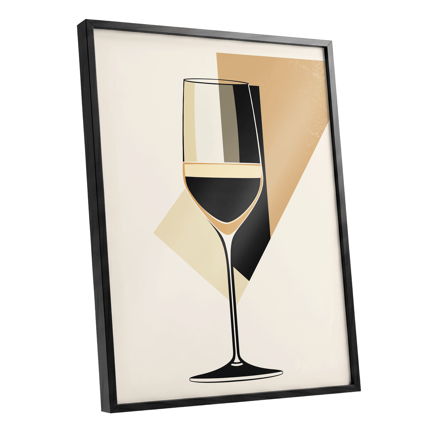 Noir Wine Geometry, black, beige, gold minimalist wall art shown as a black framed poster wall art print