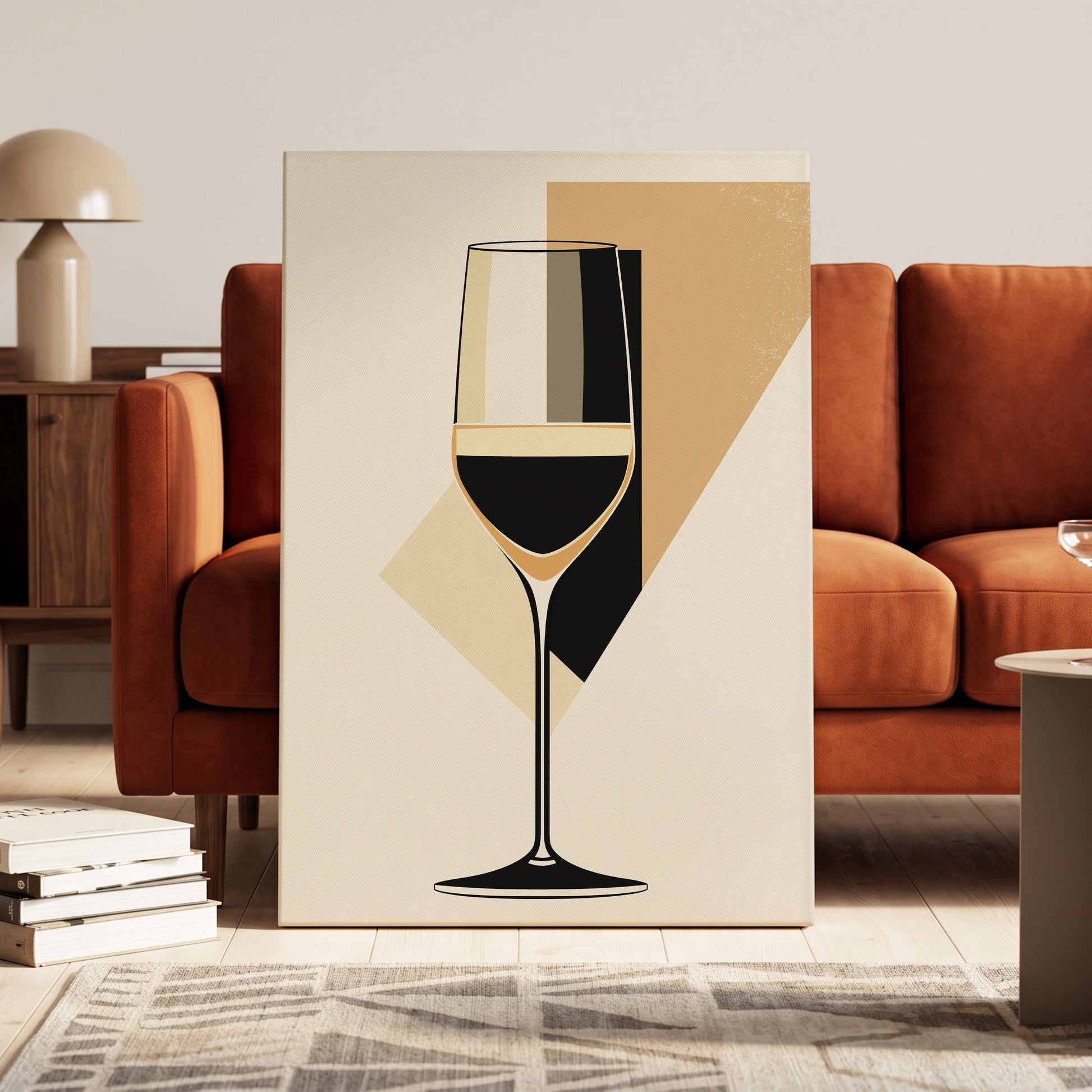 Noir Wine Geometry, black, beige, gold minimalist wall art on canvas displayed in a styled interior, gallery view 1