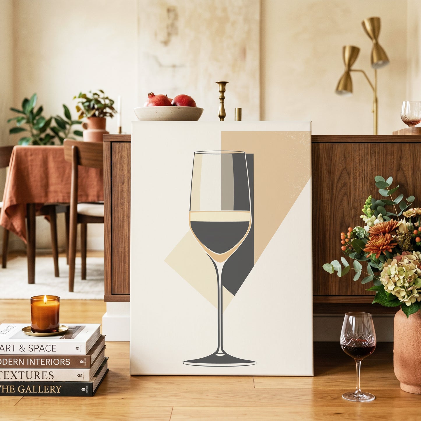 Noir Wine Geometry, black, beige, gold minimalist wall art on canvas displayed in a styled interior, gallery view 2