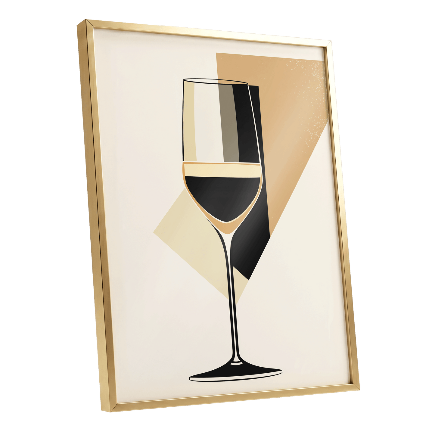 Noir Wine Geometry, black, beige, gold minimalist wall art shown as a gold framed poster wall art print