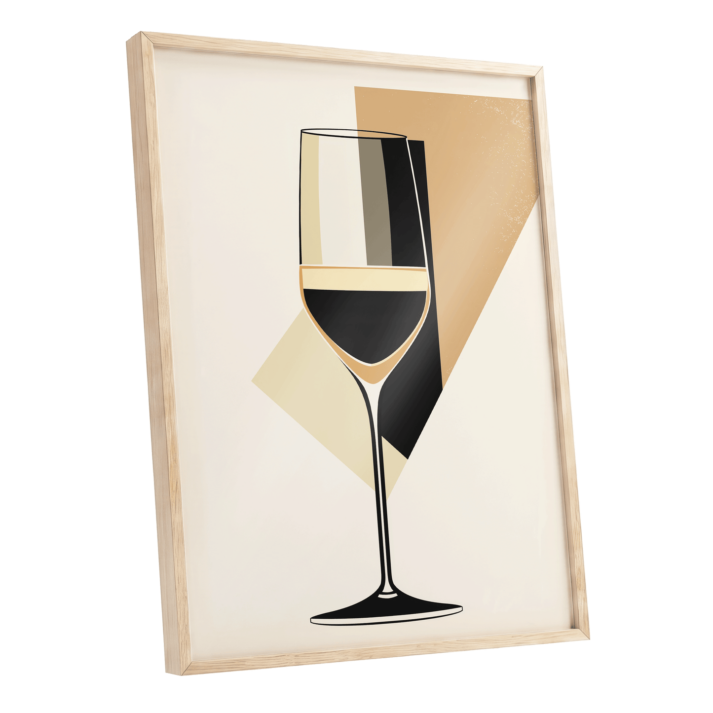 Noir Wine Geometry, black, beige, gold minimalist wall art shown as a oak framed poster wall art print