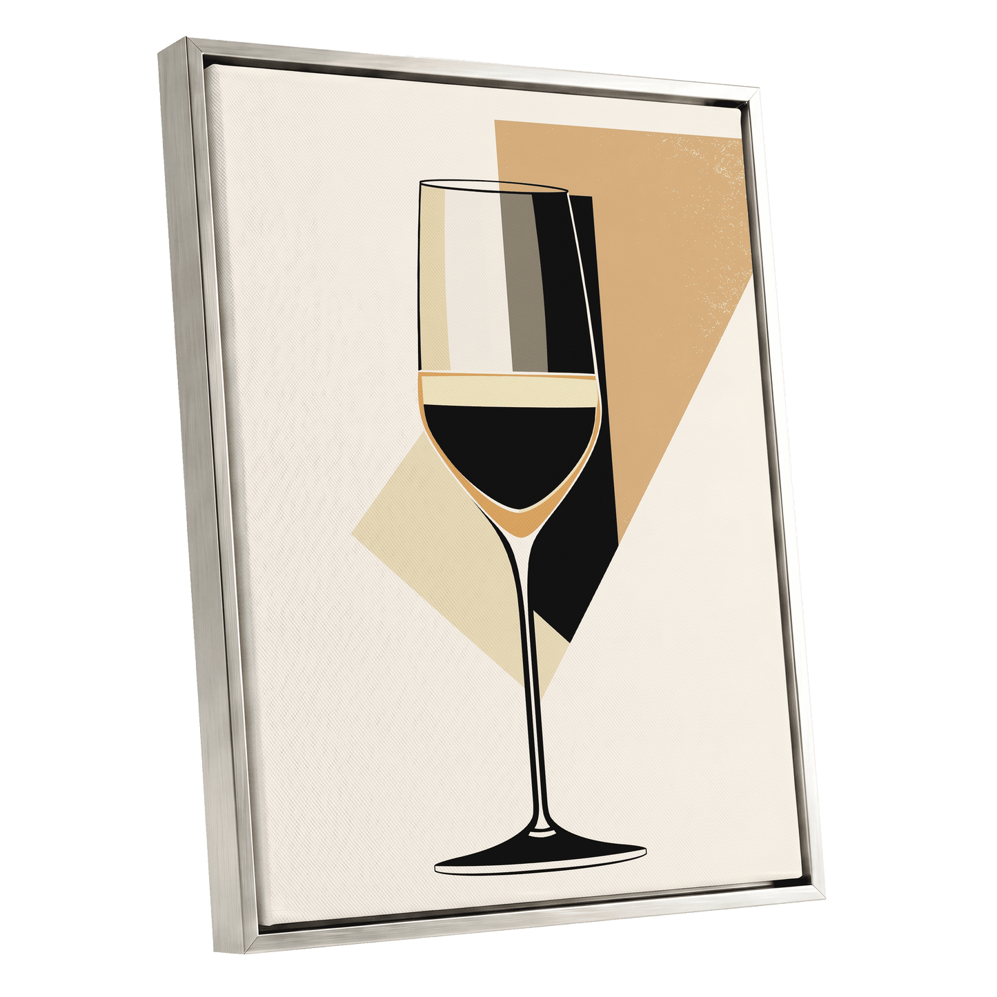 Noir Wine Geometry, black, beige, gold minimalist wall art shown as a silver framed canvas wall art