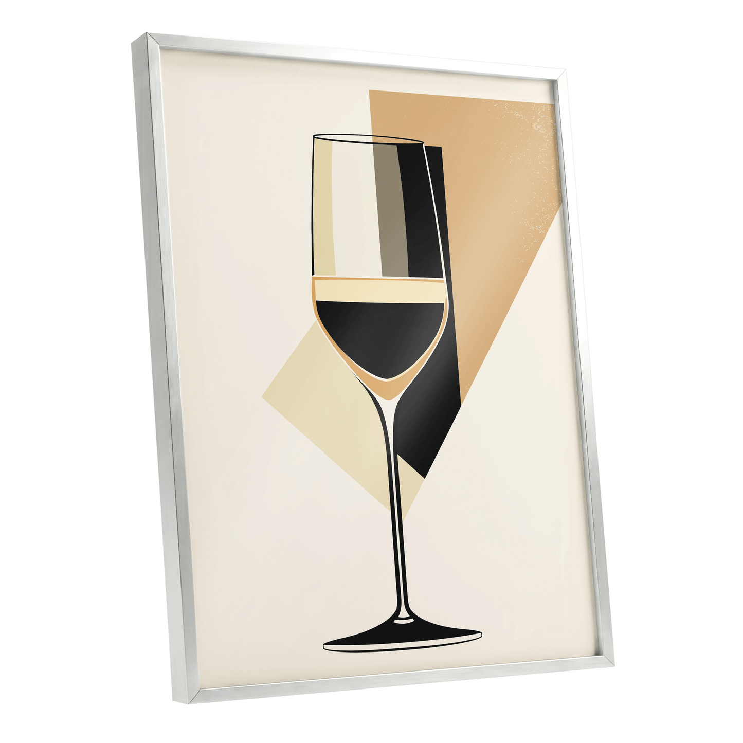 Noir Wine Geometry, black, beige, gold minimalist wall art shown as a silver framed poster wall art print