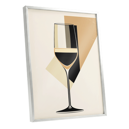 Noir Wine Geometry, black, beige, gold minimalist wall art shown as a silver framed poster wall art print