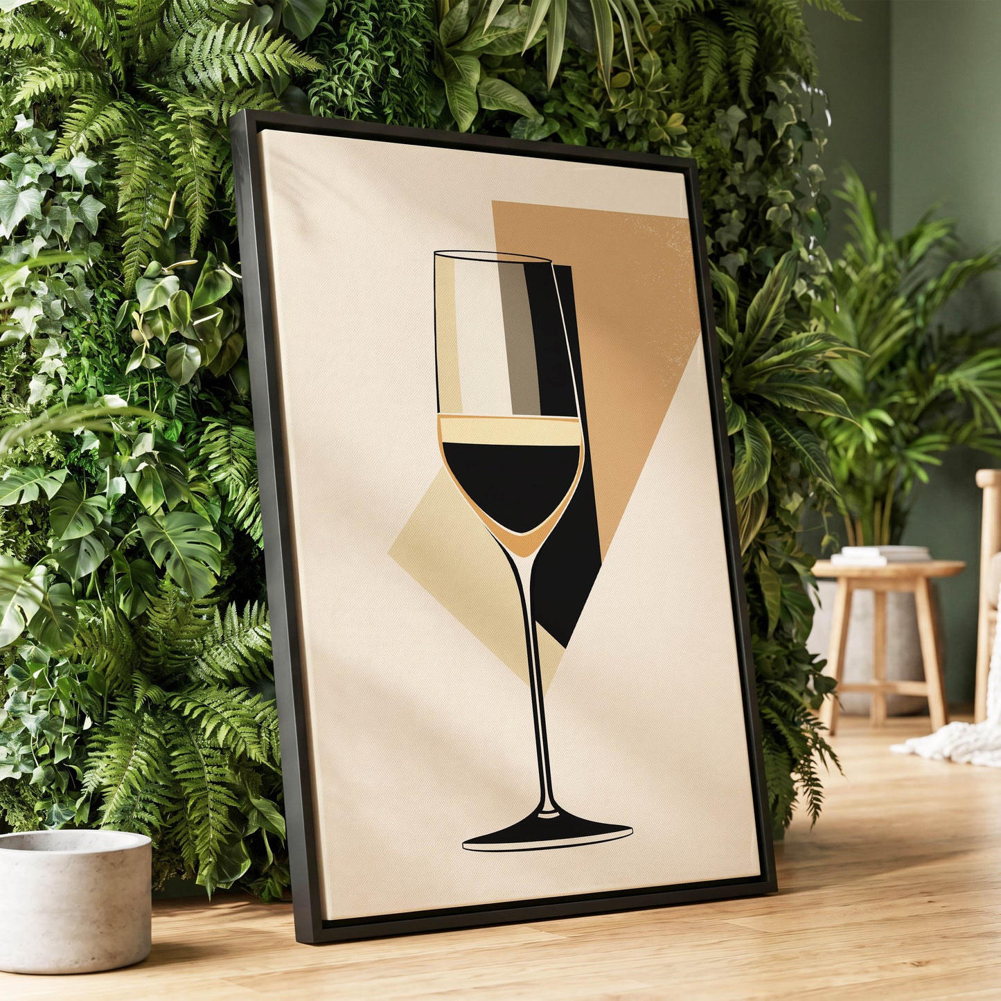 Noir Wine Geometry, black, beige, gold minimalist wall art displayed in a styled interior, gallery view 1