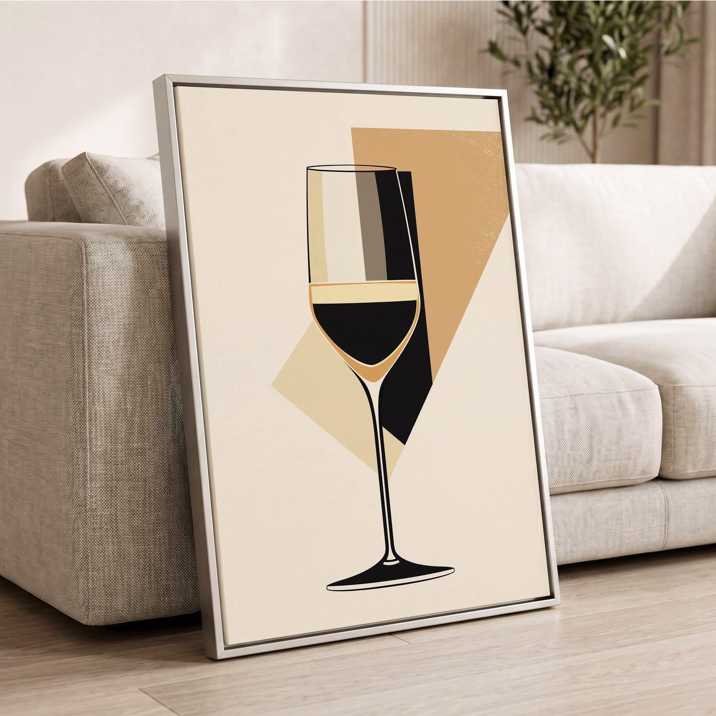 Noir Wine Geometry, black, beige, gold minimalist wall art displayed in a styled interior, gallery view 2