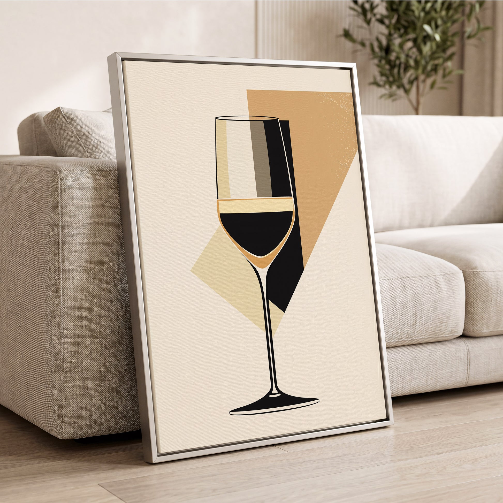 Noir Wine Geometry, black, beige, gold minimalist wall art displayed in a styled interior, gallery view 2