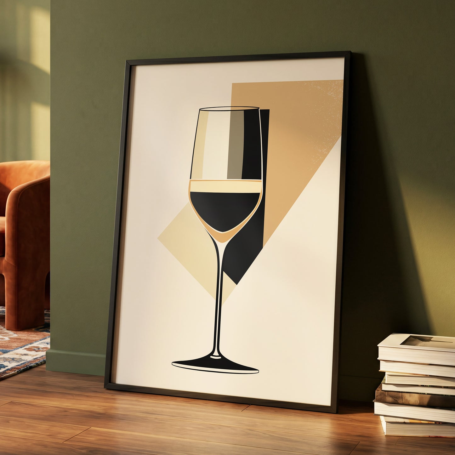 Noir Wine Geometry, black, beige, gold minimalist wall art displayed in a styled interior, gallery view 4