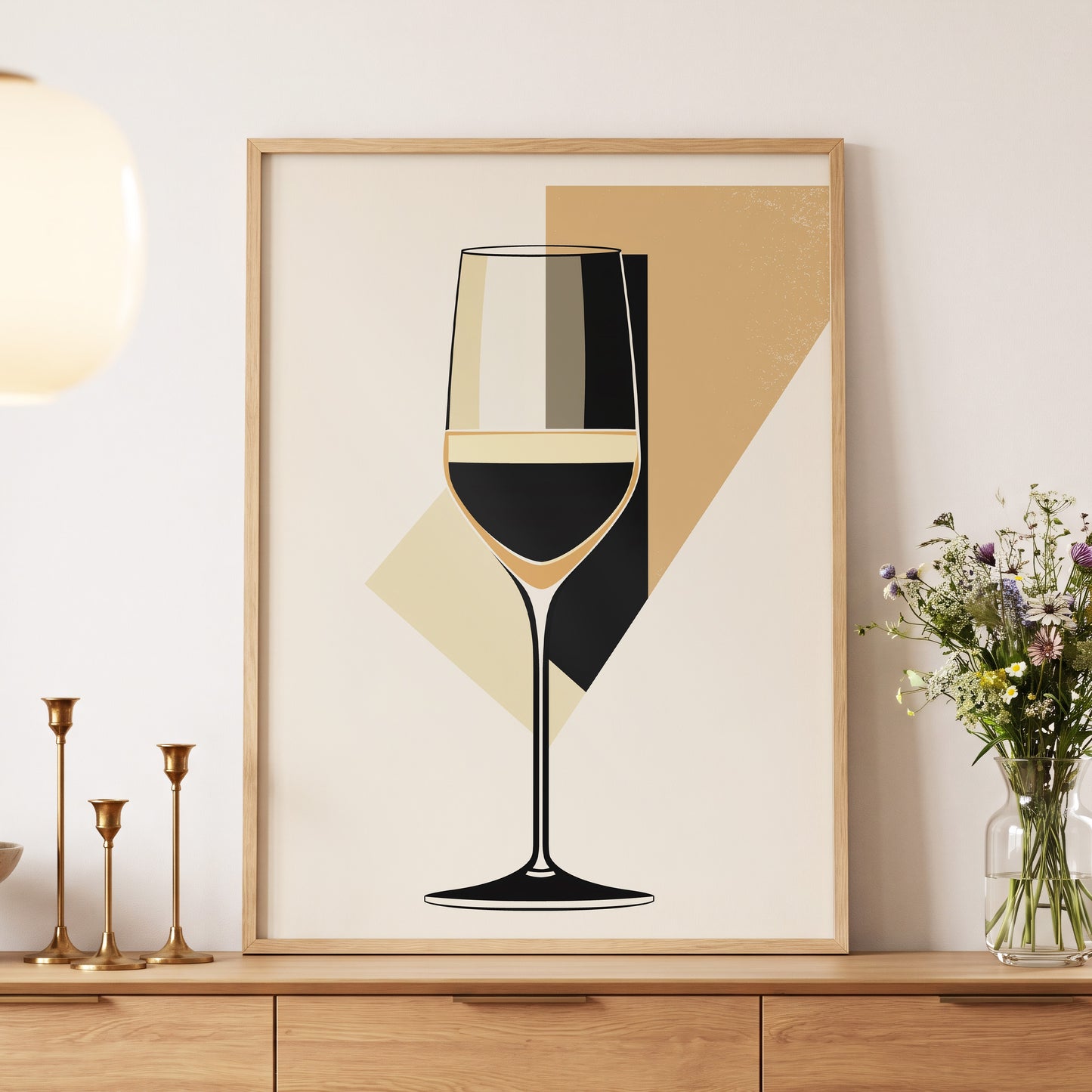Noir Wine Geometry, black, beige, gold minimalist wall art displayed in a styled interior, gallery view 5