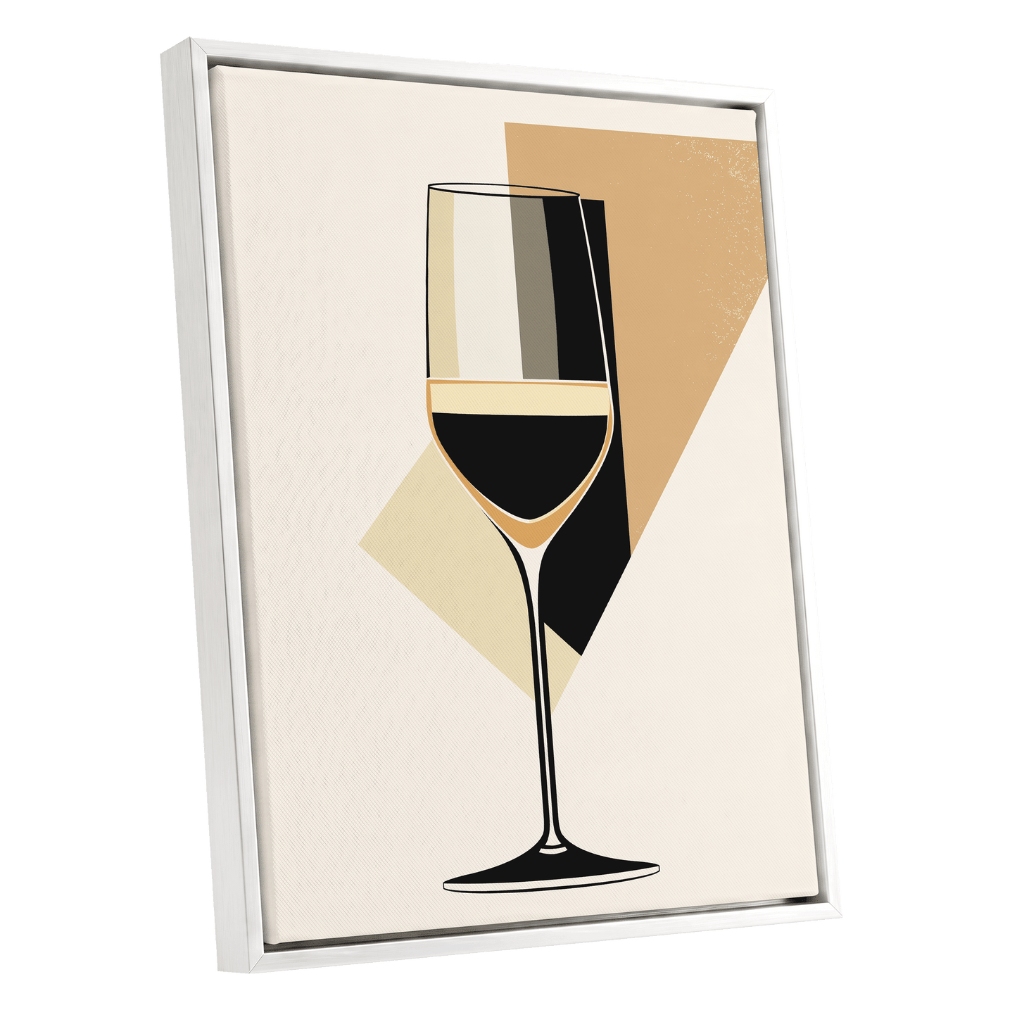 Noir Wine Geometry, black, beige, gold minimalist wall art shown as a white framed canvas wall art