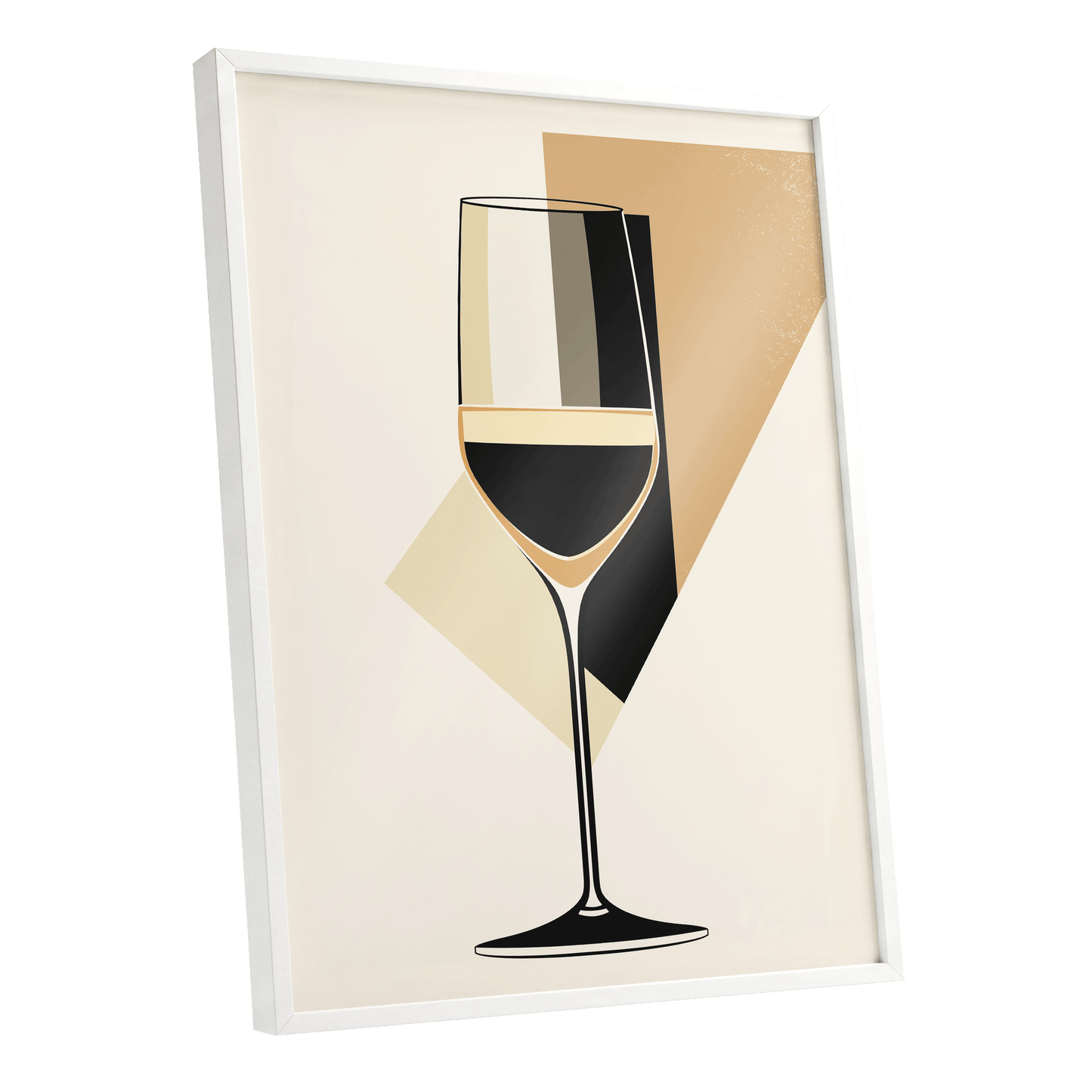 Noir Wine Geometry, black, beige, gold minimalist wall art shown as a white framed poster wall art print